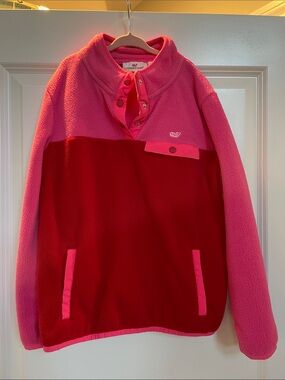 Vineyard Vines Kids Two-Tone Pink & Red Fleece Snap Pullover